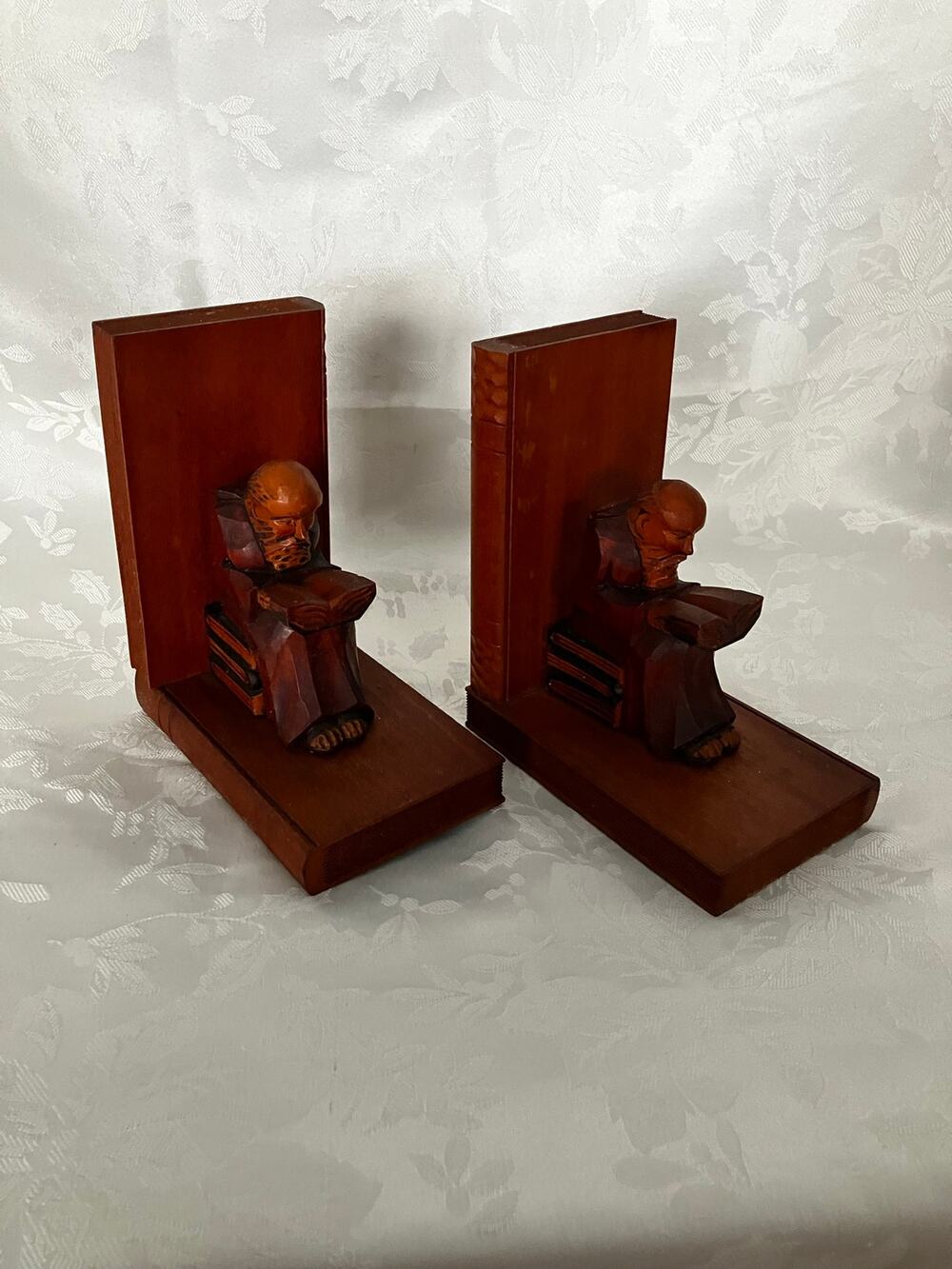 Vintage Carved Wood Monk Bookends Pair Reading Monks Library Book Decor